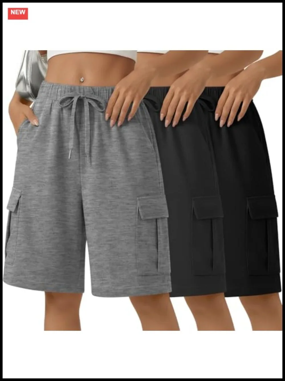3 Pack Women's Bermuda Cargo Shorts Knee Length Wide Leg Drawstring Athletic